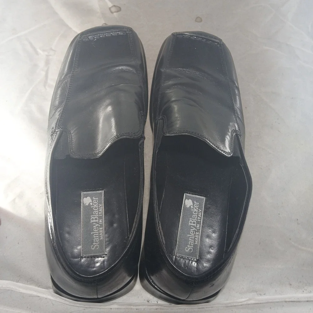 Stanley Blacker Loafers 8.5 Black Italian Leather Square Toe Dress Shoes
